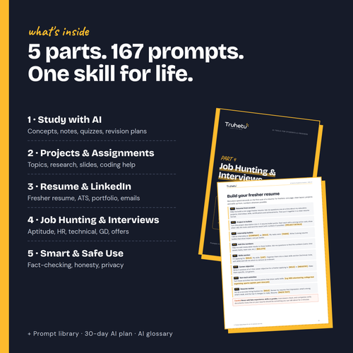 What's inside the AI prompts e-book: study with AI, projects, resume and LinkedIn, job interviews, safe AI use