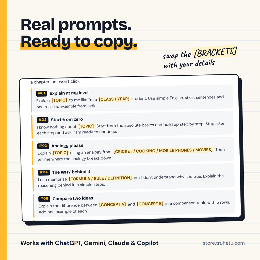 Sample ChatGPT prompts for students from the Truhetu AI Tools e-book with fill-in brackets