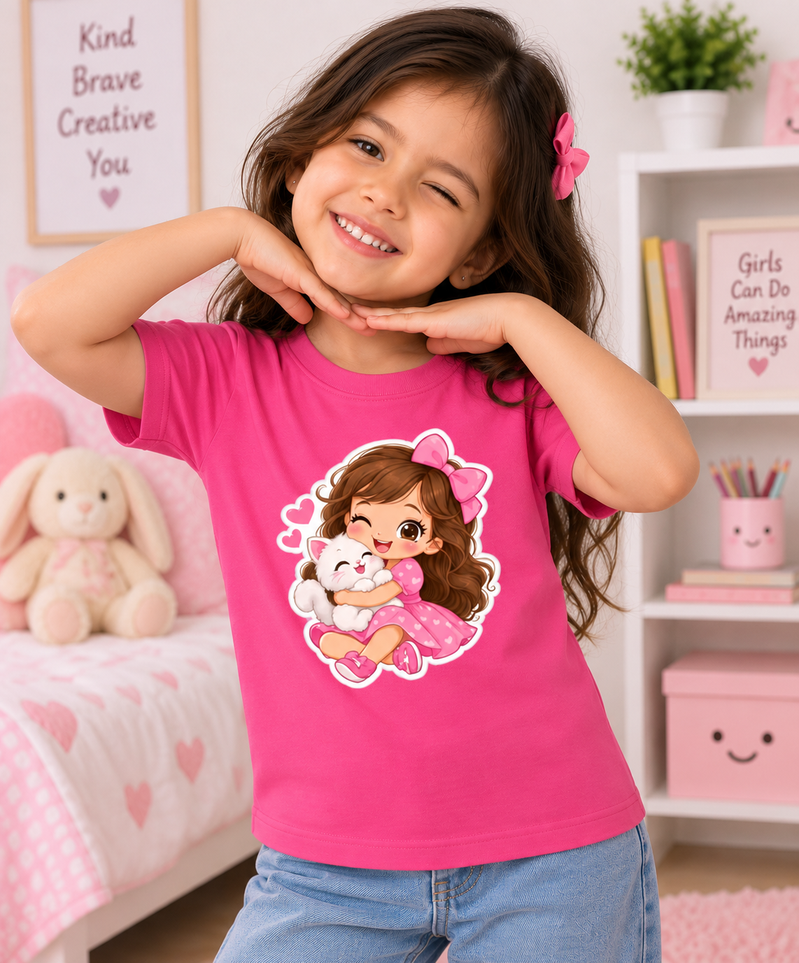 Cute Girl & Cat Kids T-Shirt – Adorable Kawaii Graphic Tee for Girls