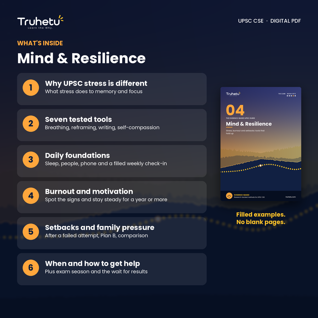 What's inside UPSC Mind and Resilience: stress tools, burnout, setbacks, family pressure, getting help