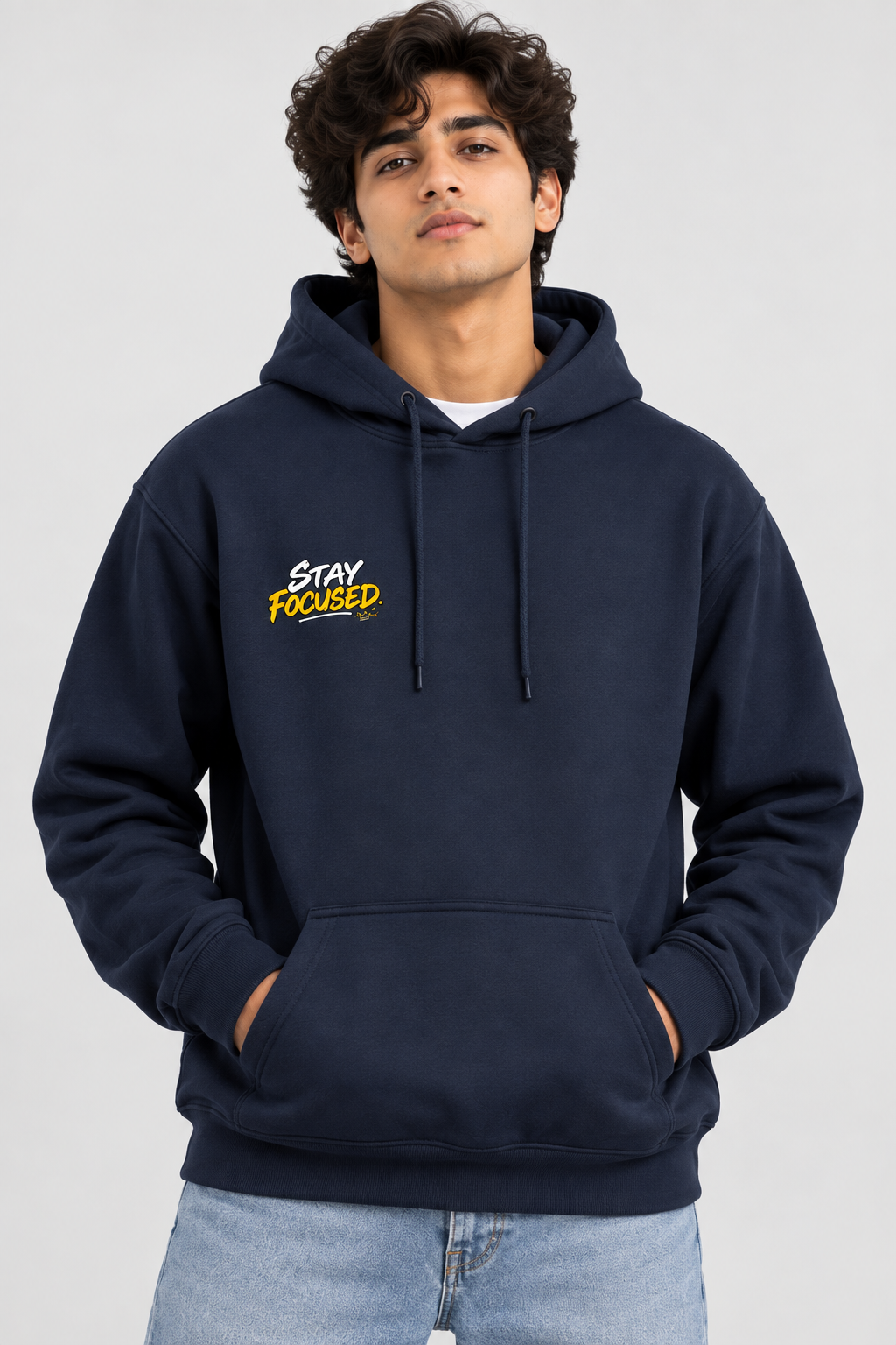 Stay Focused Mens Navy Hoodie – Motivational Graphic Hoodie