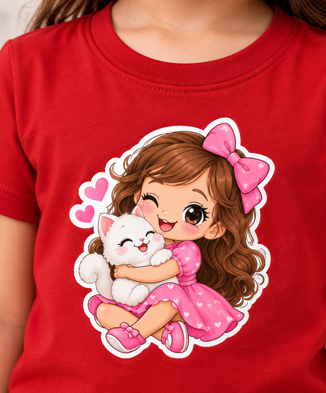 Cute Girl & Cat Kids T-Shirt – Adorable Kawaii Graphic Tee for Girls