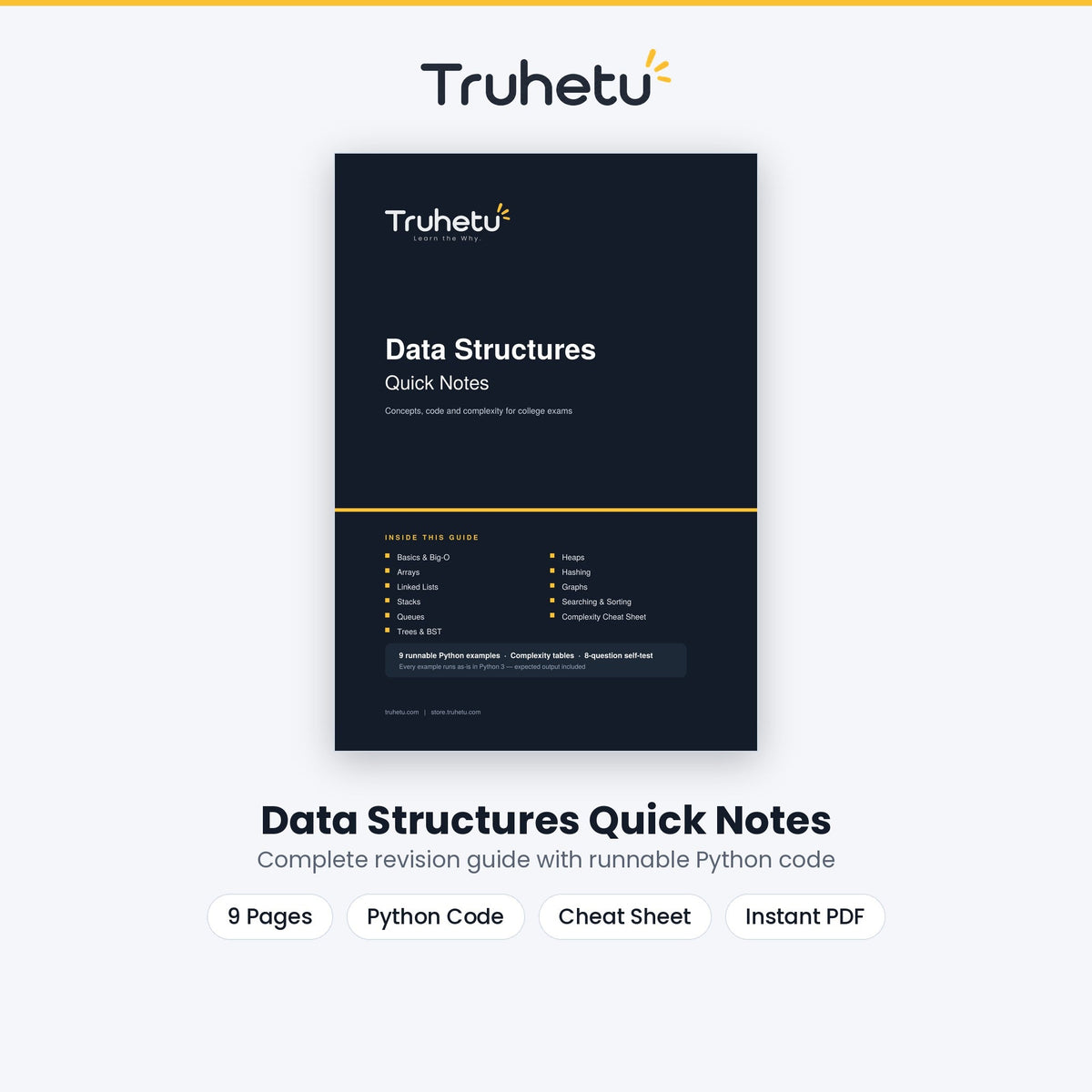 Data Structures Quick Notes PDF cover — Truhetu revision guide for CSE students