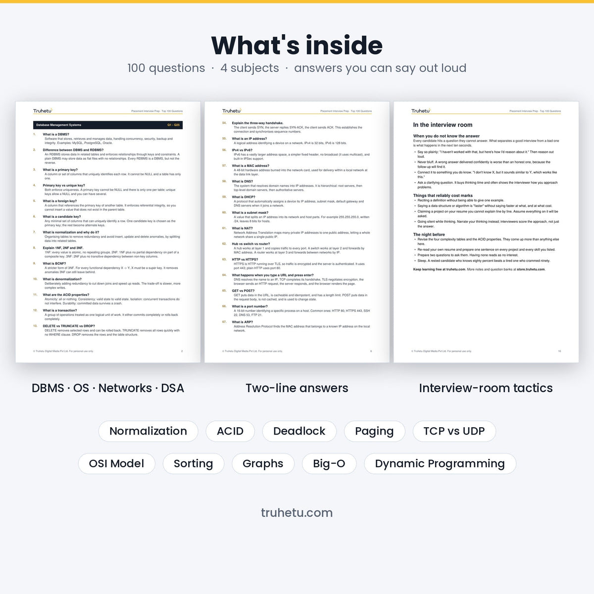 Inside pages showing DBMS and networks questions with interview-room tactics